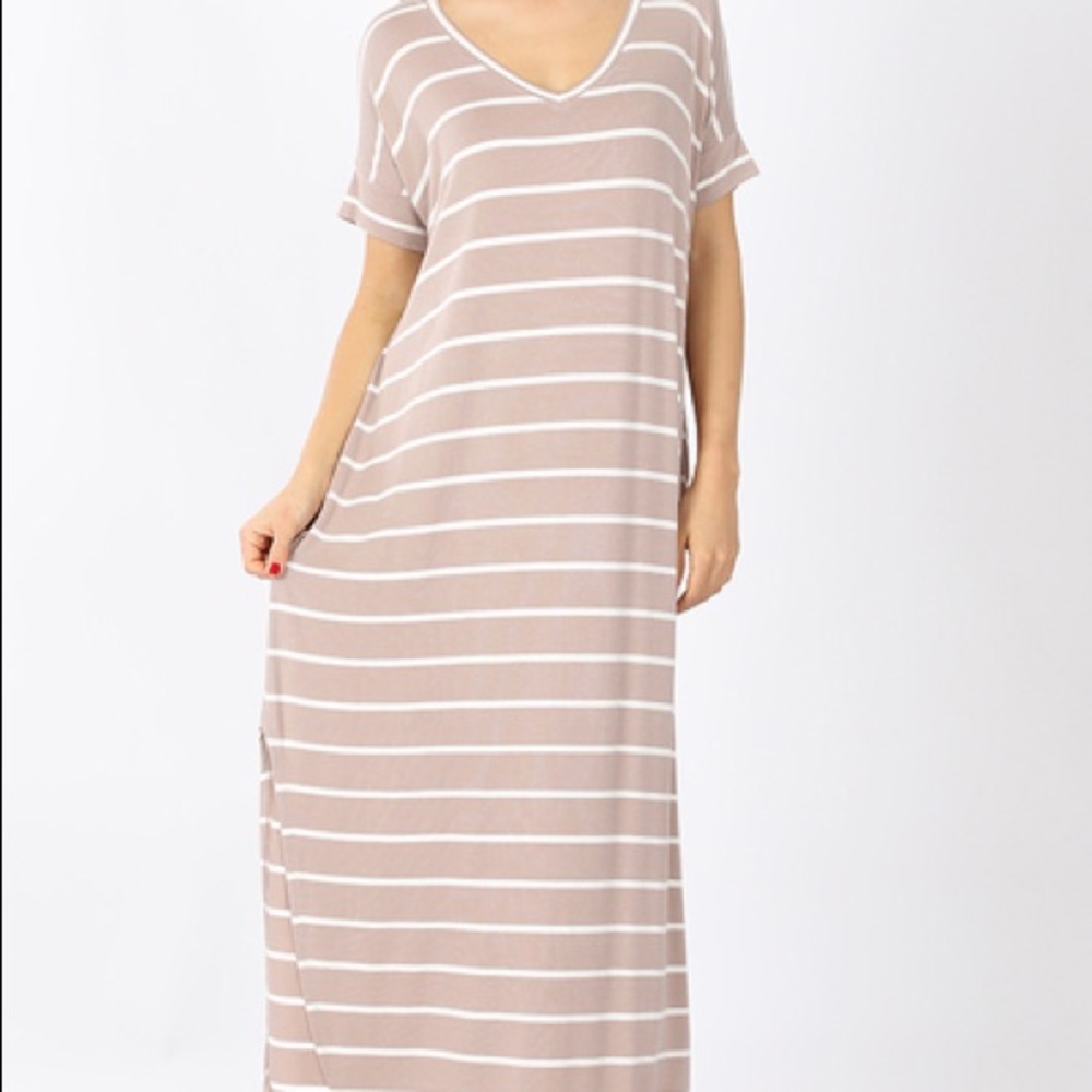 Striped Beige Plus Dress with Pockets